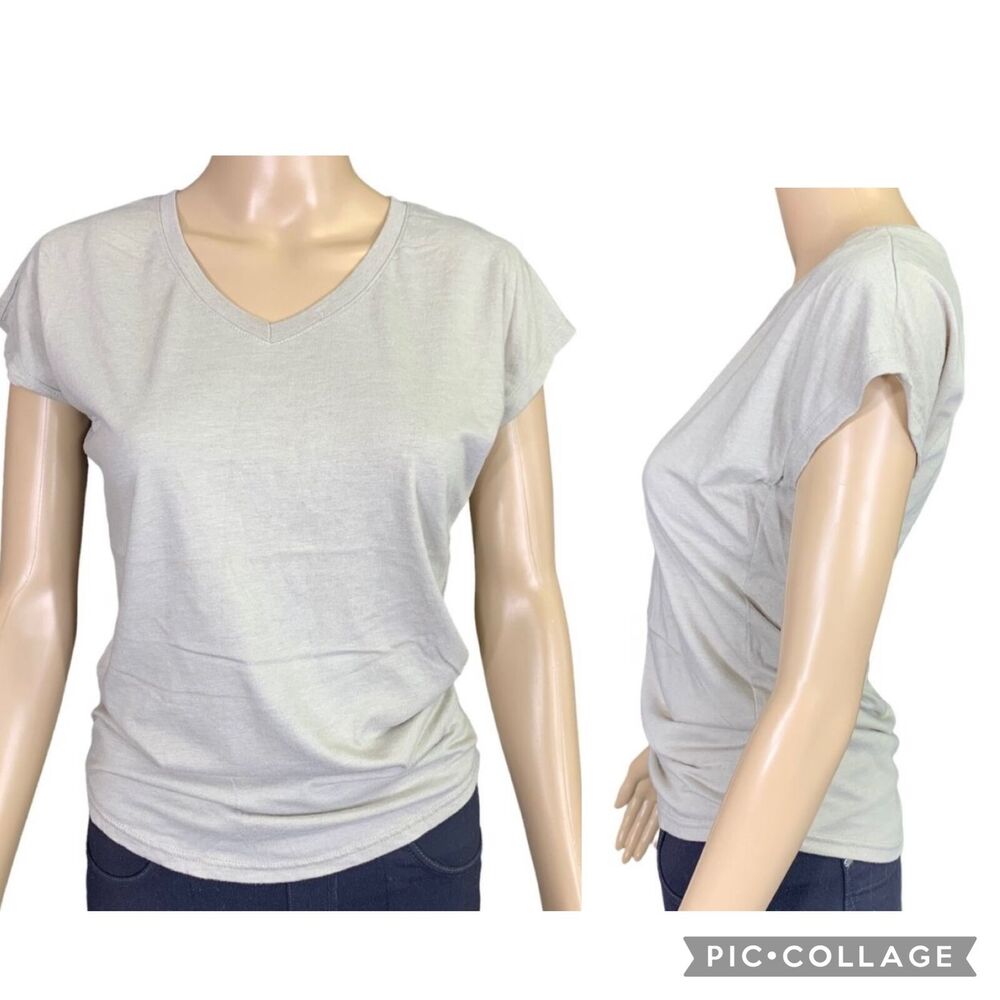 Anvil V Neck T Shirt Small Beige Lightweight Stretch Ruched Short Sleeve Top